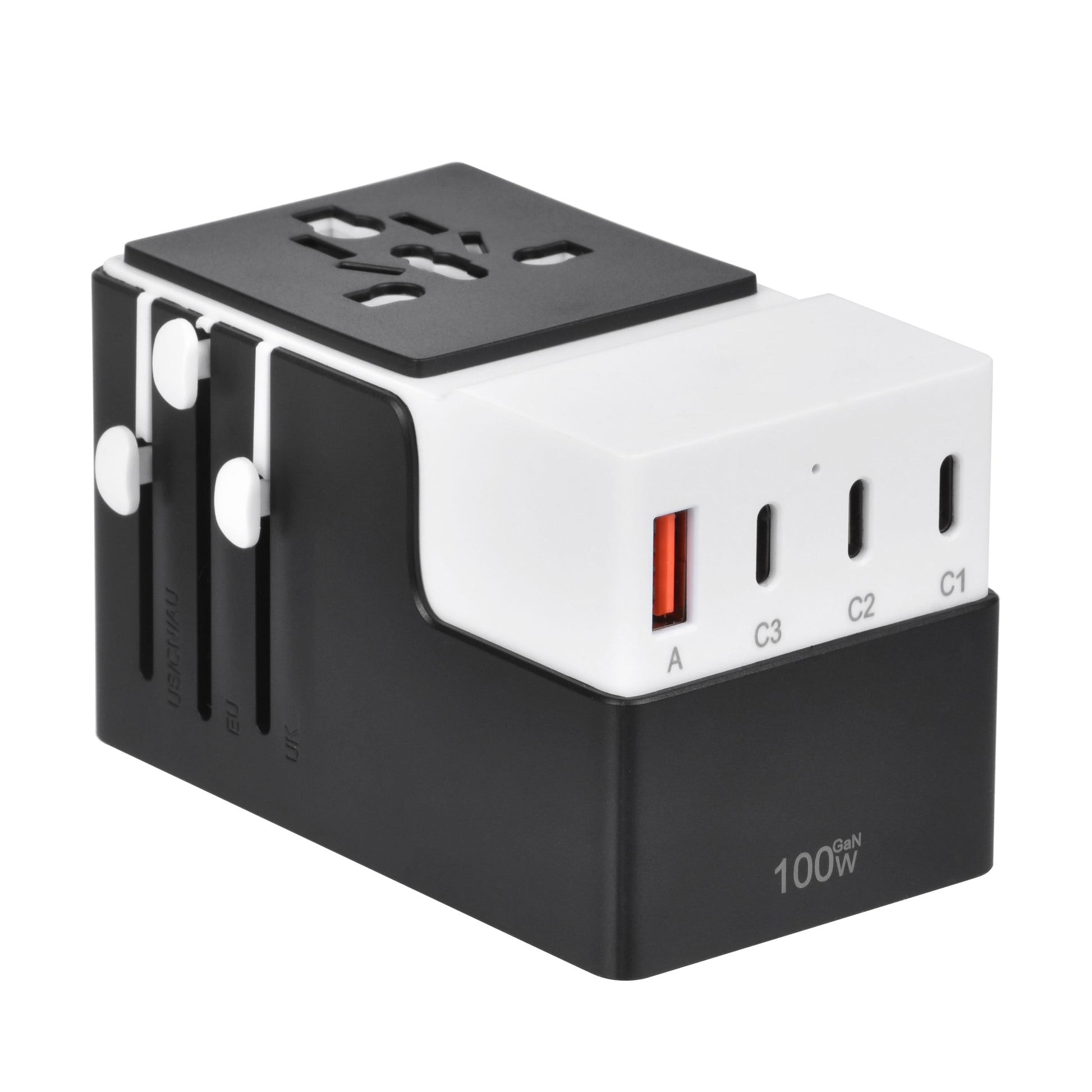 Angled view of DOACE FC-T100 100W travel adapter with USB-C and USB-A ports, ideal for fast charging multiple devices abroad.