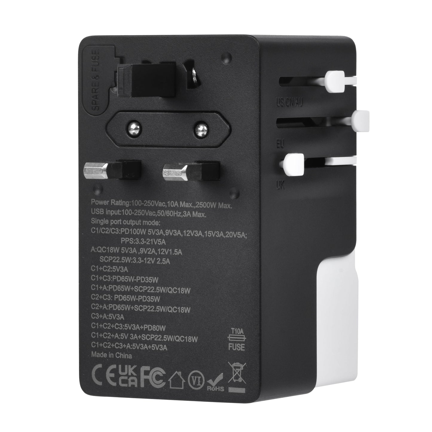 Back view of DOACE FC-T100 GaN travel adapter showing technical specifications, safety certifications, and plug sliders.