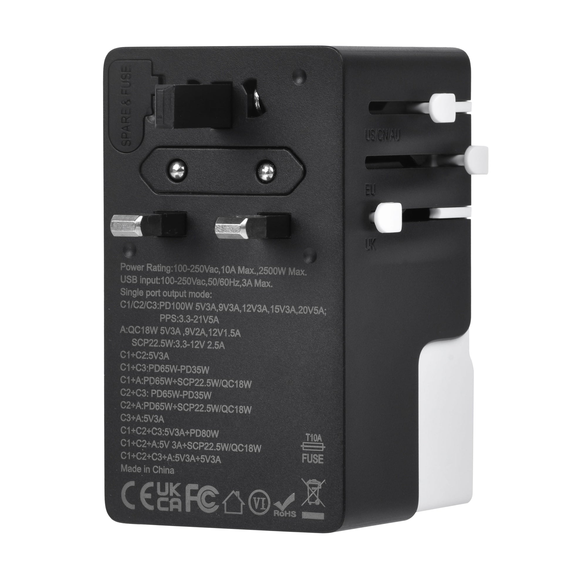 Back view of DOACE FC-T100 GaN travel adapter showing technical specifications, safety certifications, and plug sliders.