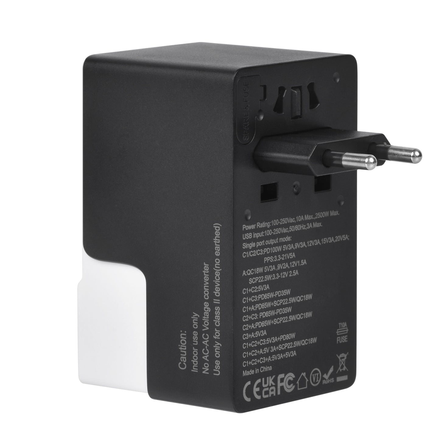 DOACE FC-T100 universal travel adapter with EU plug extended, highlighting 100W power rating and global voltage support.