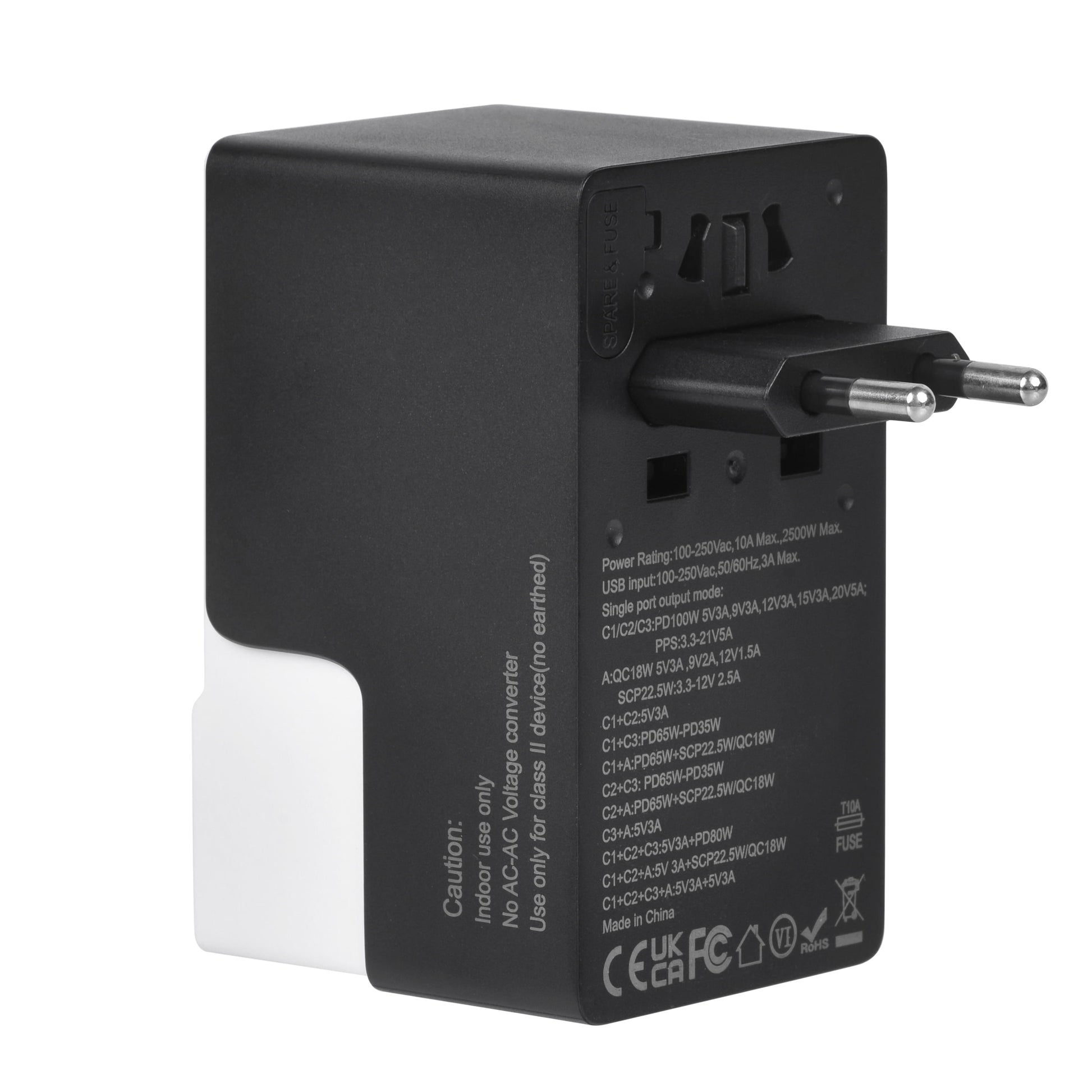 DOACE FC-T100 universal travel adapter with EU plug extended, highlighting 100W power rating and global voltage support.