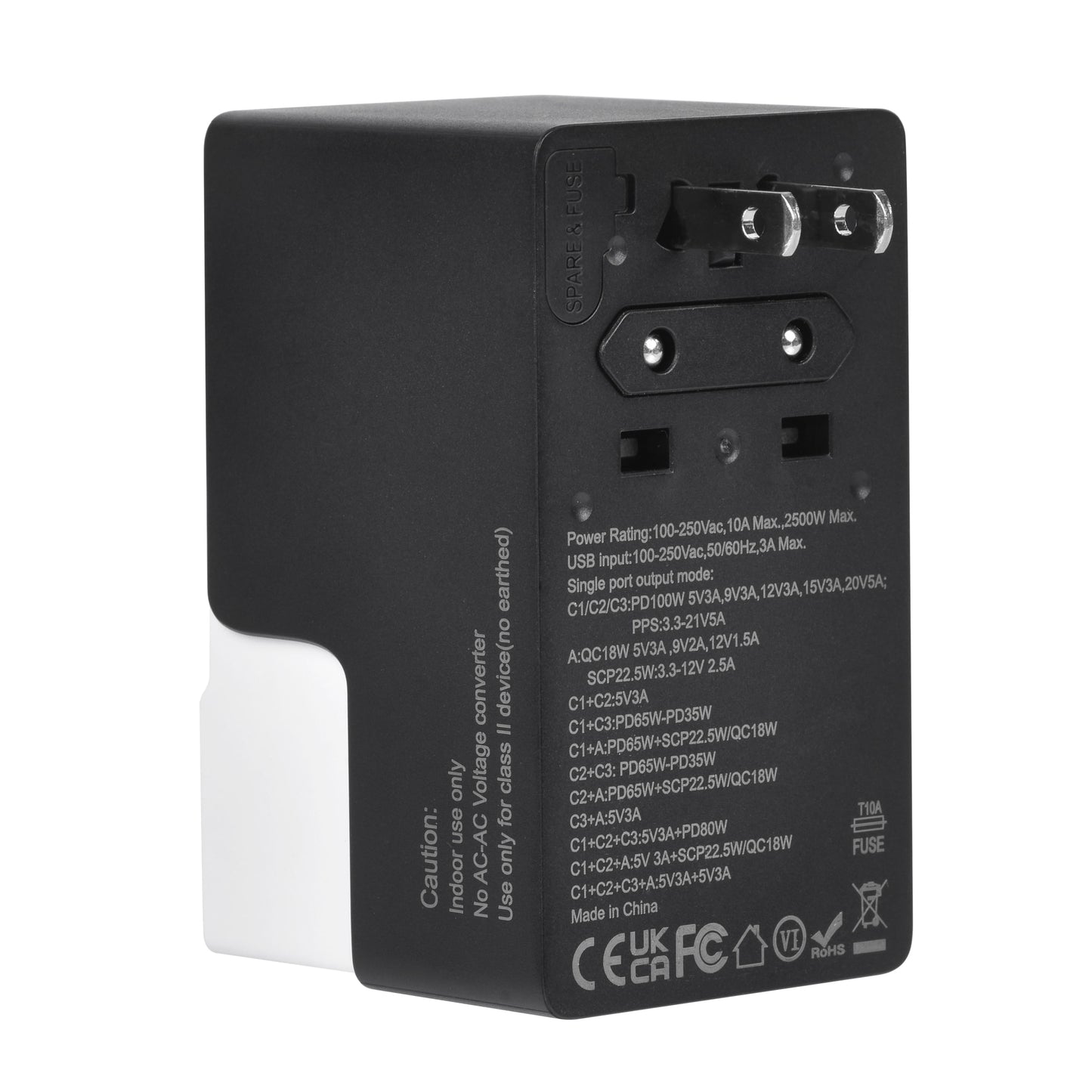 Rear view of DOACE FC-T100 travel adapter with retracted plug pins, showing voltage ratings and compliance markings.