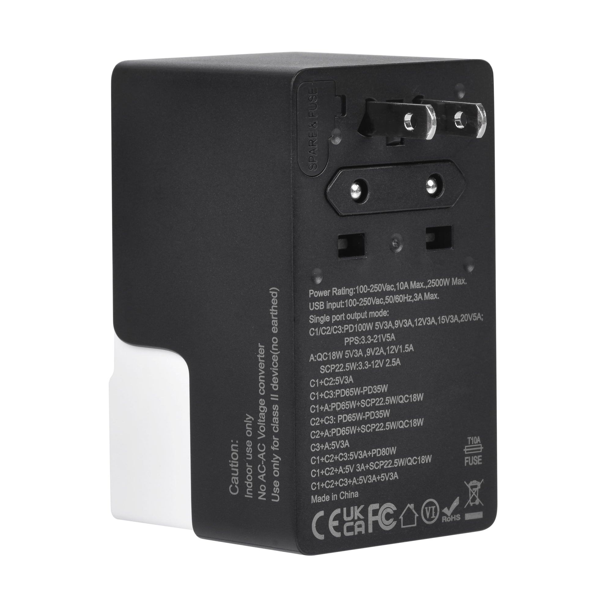 Rear view of DOACE FC-T100 travel adapter with retracted plug pins, showing voltage ratings and compliance markings.