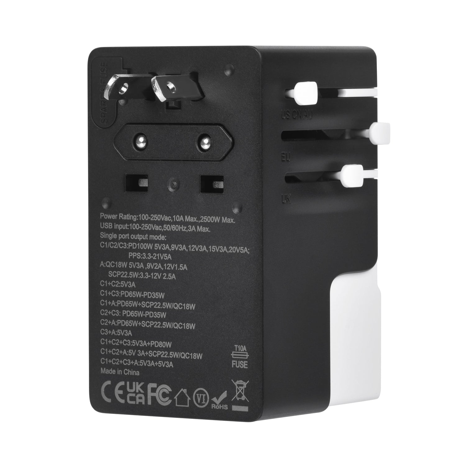 Side view of DOACE FC-T100 100W GaN travel adapter with UK plug extended, designed for universal device compatibility and fast charging.