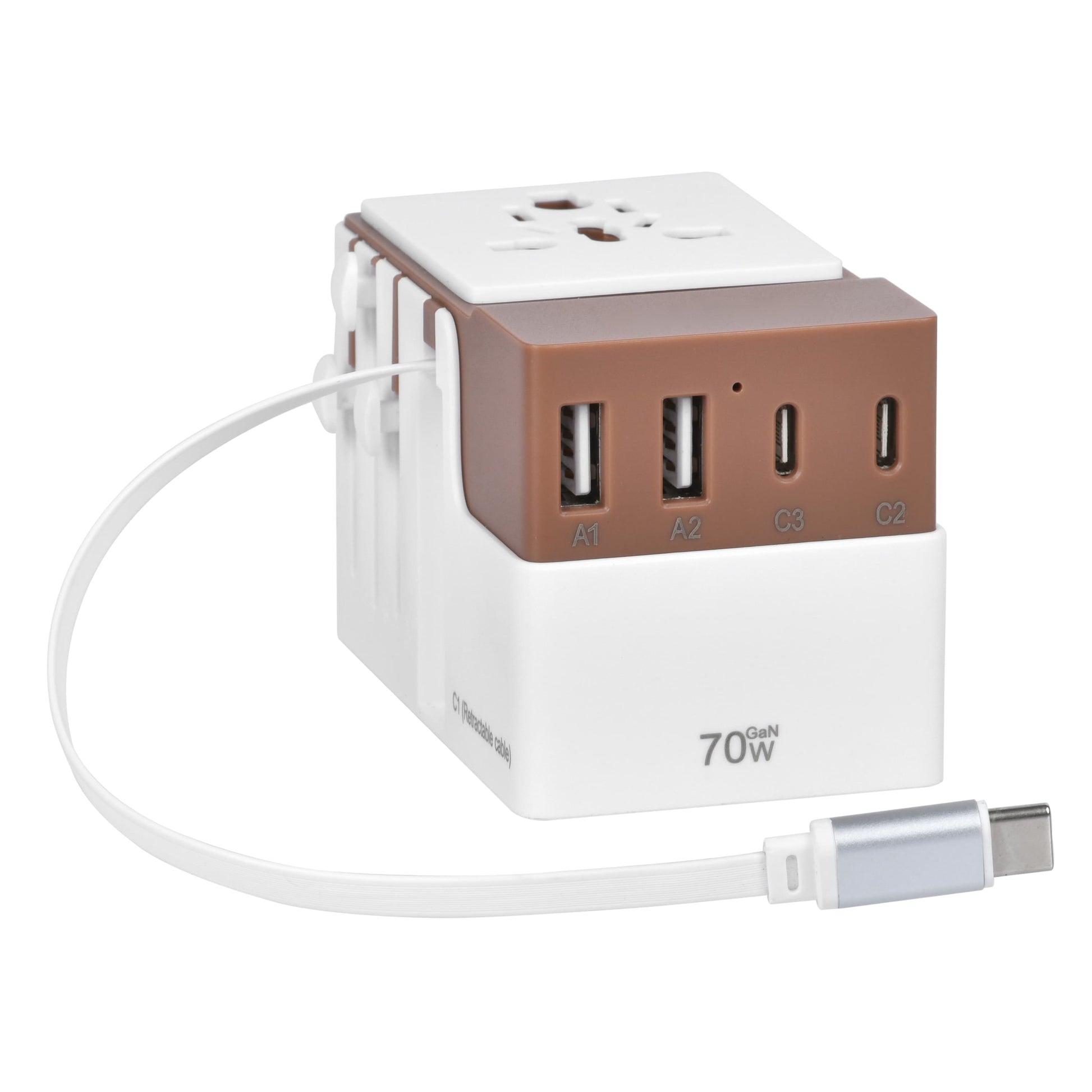 DOACE FC-T70C-2 Adapter in brown with extended USB-C cable and 70W GaN PD output. Designed for high-speed charging on the go.