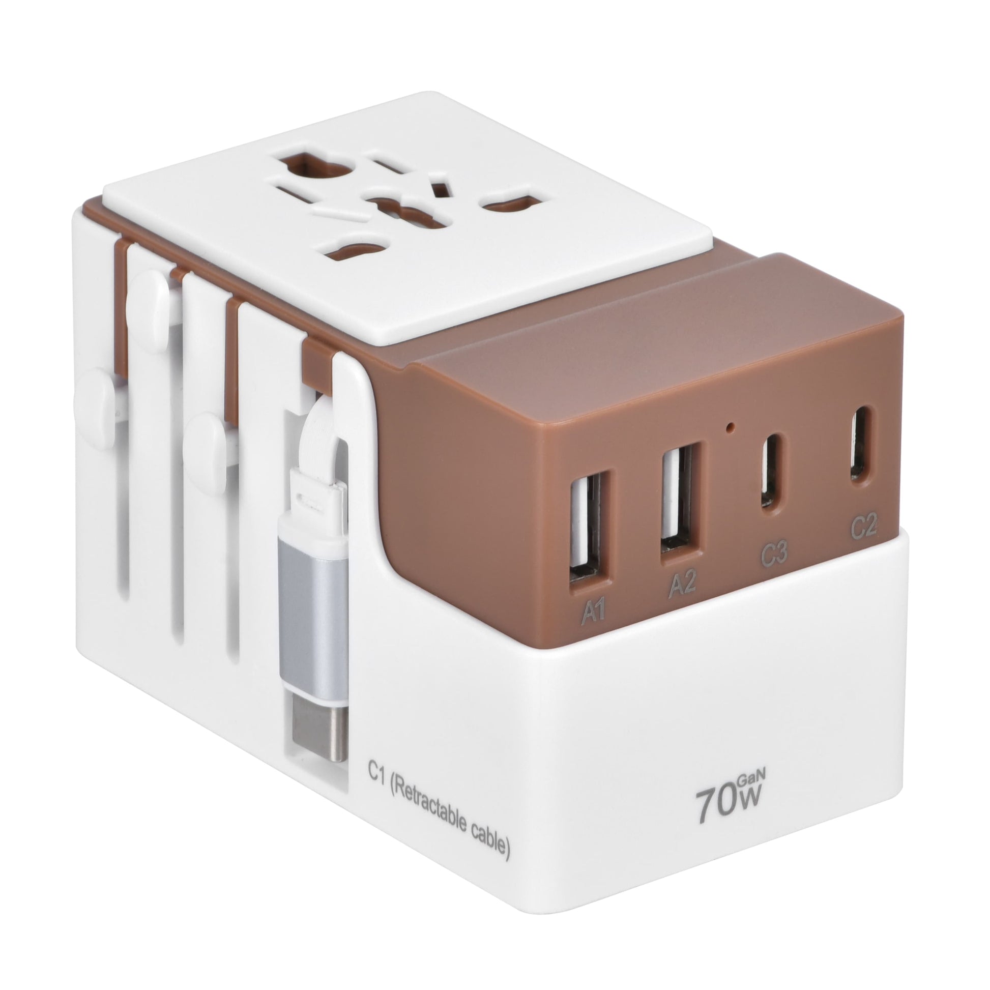 DOACE FC-T70C-2 Adapter in brown showing 3 USB-C and 2 USB-A ports with 70W GaN PD. Compact travel charger for multiple devices.