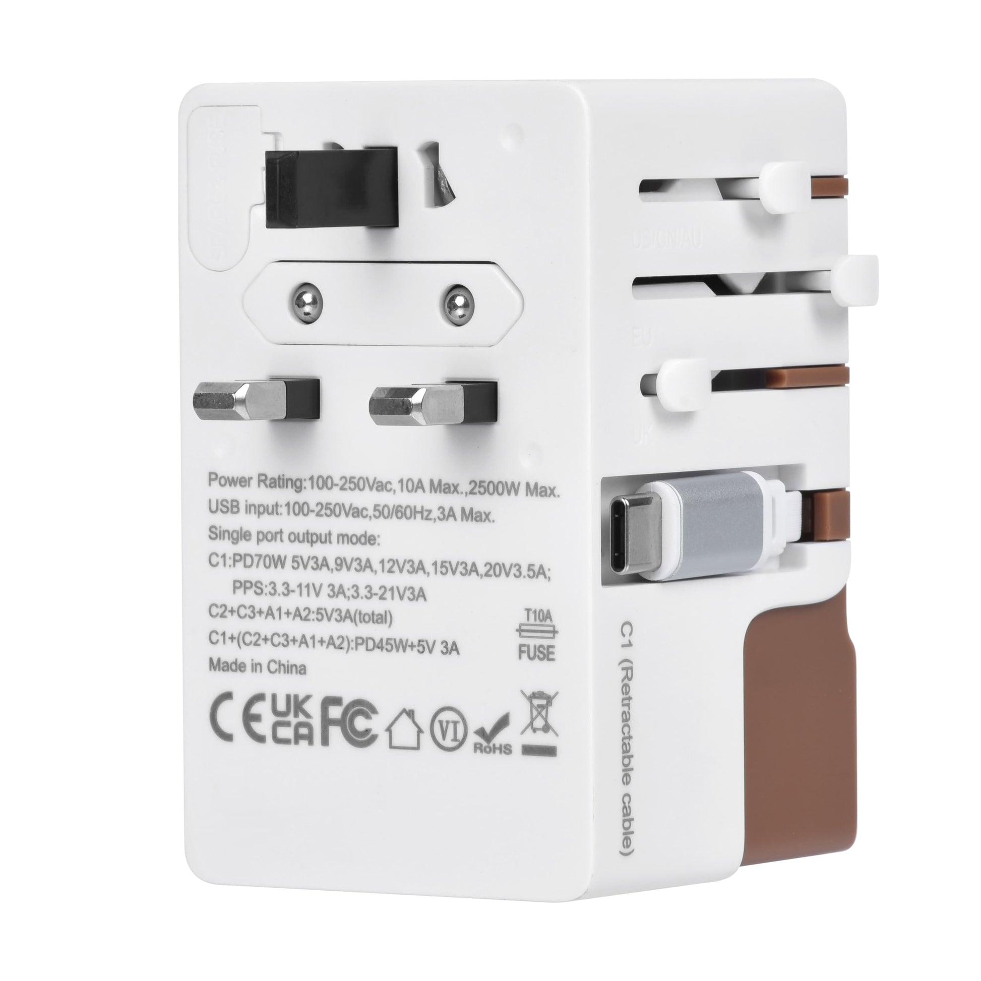 Side view of DOACE FC-T70C-2 Adapter in brown with retractable plug system and USB-C cable. Multi-port travel charger with 70W GaN PD output.