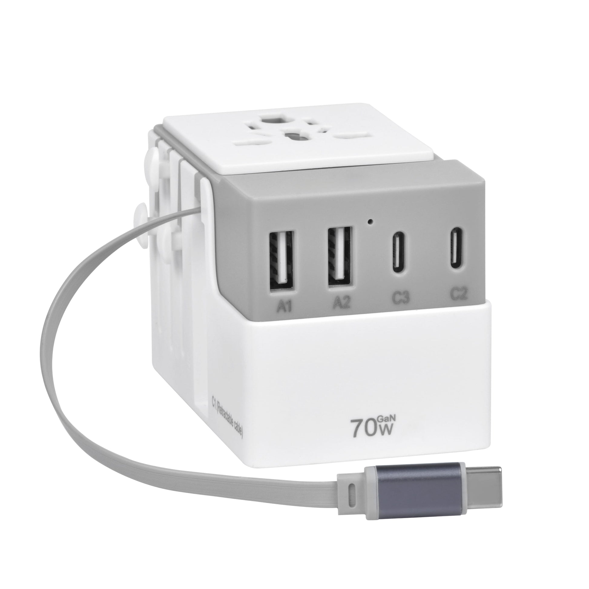 DOACE FC-T70C-2 Adapter in gray with extended USB-C cable and 70W GaN PD output. Ideal for fast charging multiple devices while traveling.
