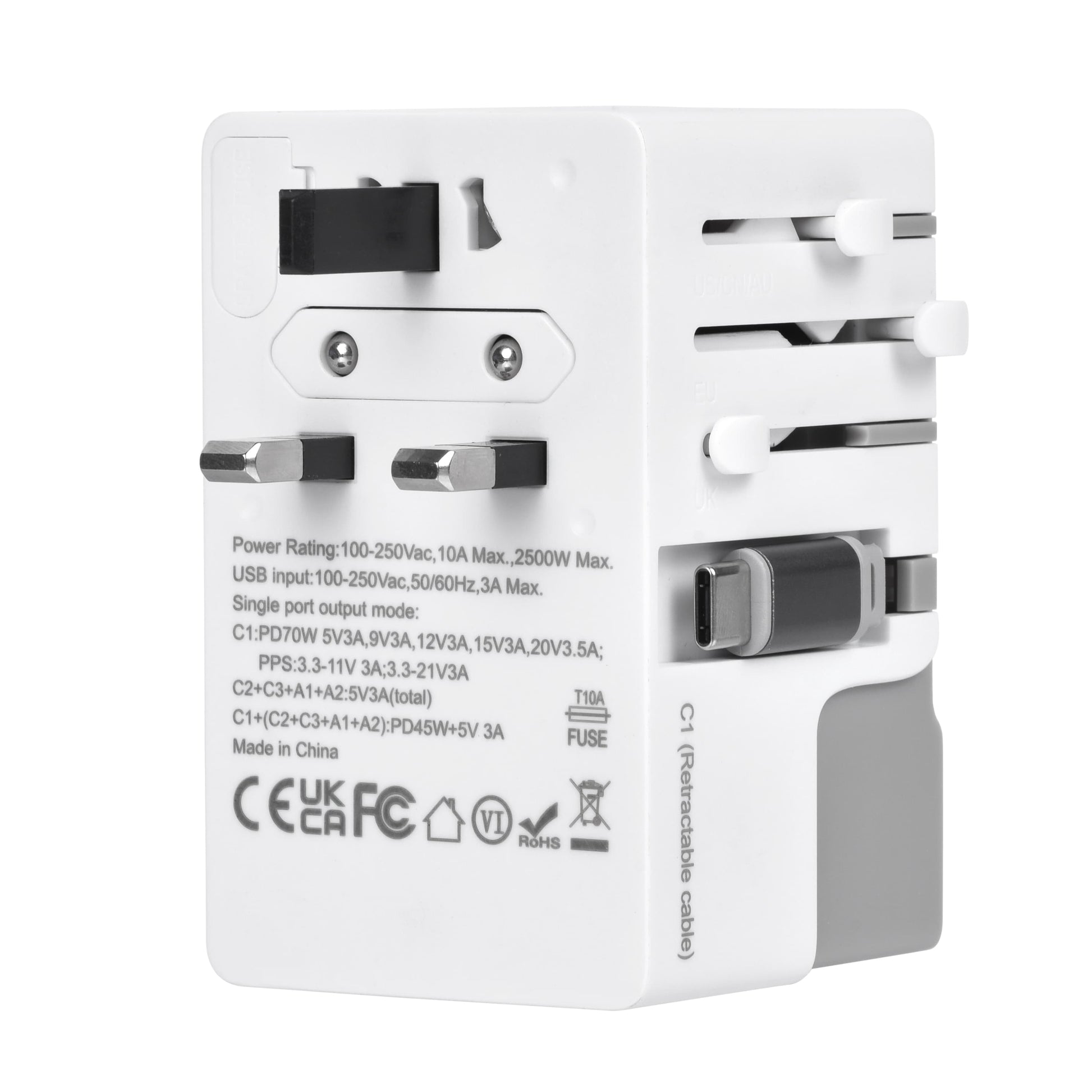 Side view of gray DOACE FC-T70C-2 Adapter with retractable plug system and USB-C cable. 70W GaN PD charger for international use.