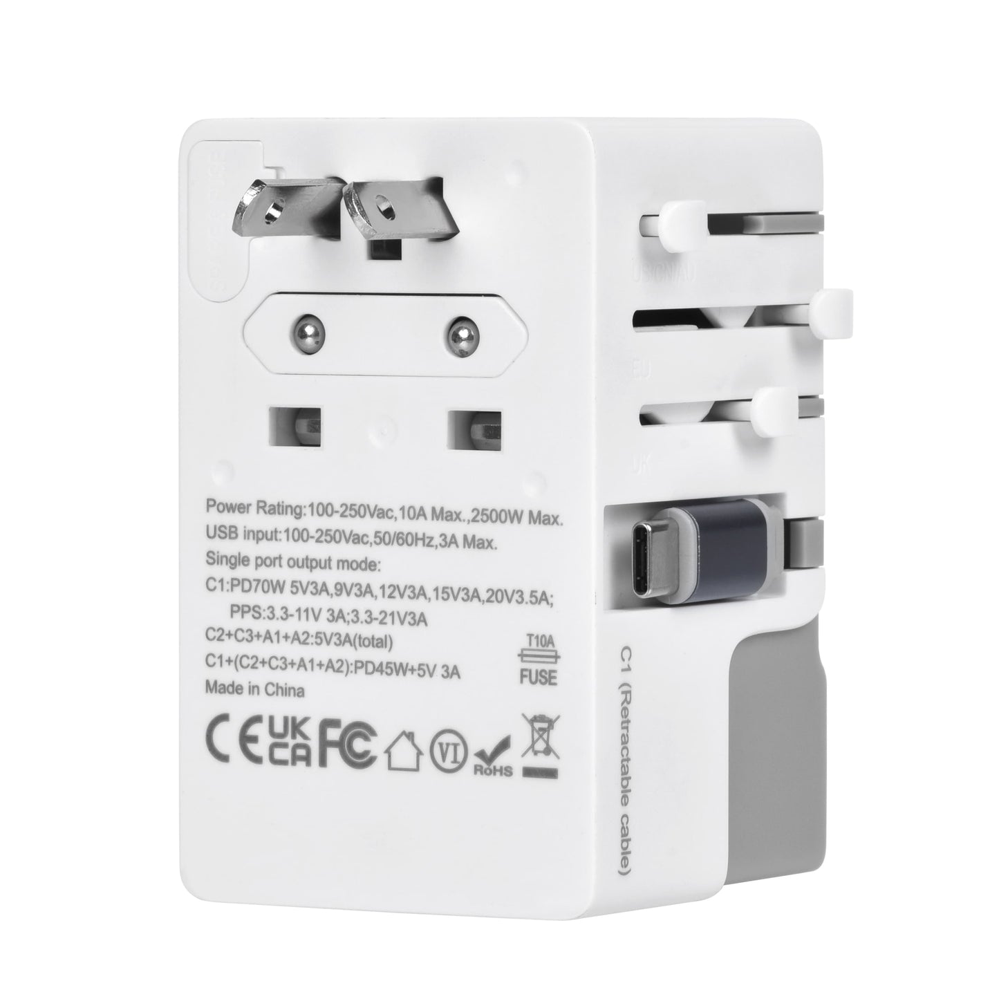 Back view of gray DOACE FC-T70C-2 Adapter showing EU plug and power specs. Universal travel adapter with 70W GaN PD fast charging.