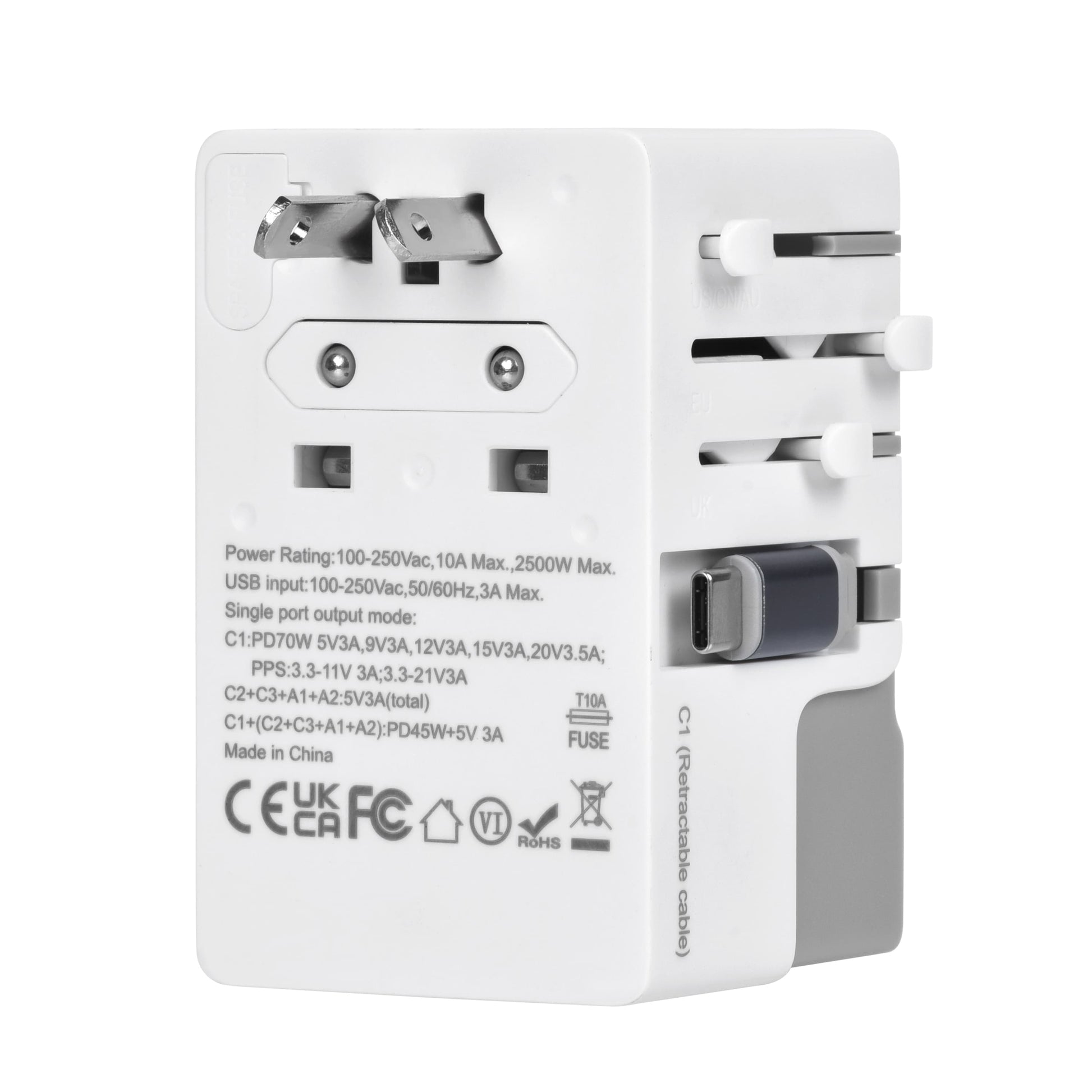 Back view of gray DOACE FC-T70C-2 Adapter showing EU plug and power specs. Universal travel adapter with 70W GaN PD fast charging.
