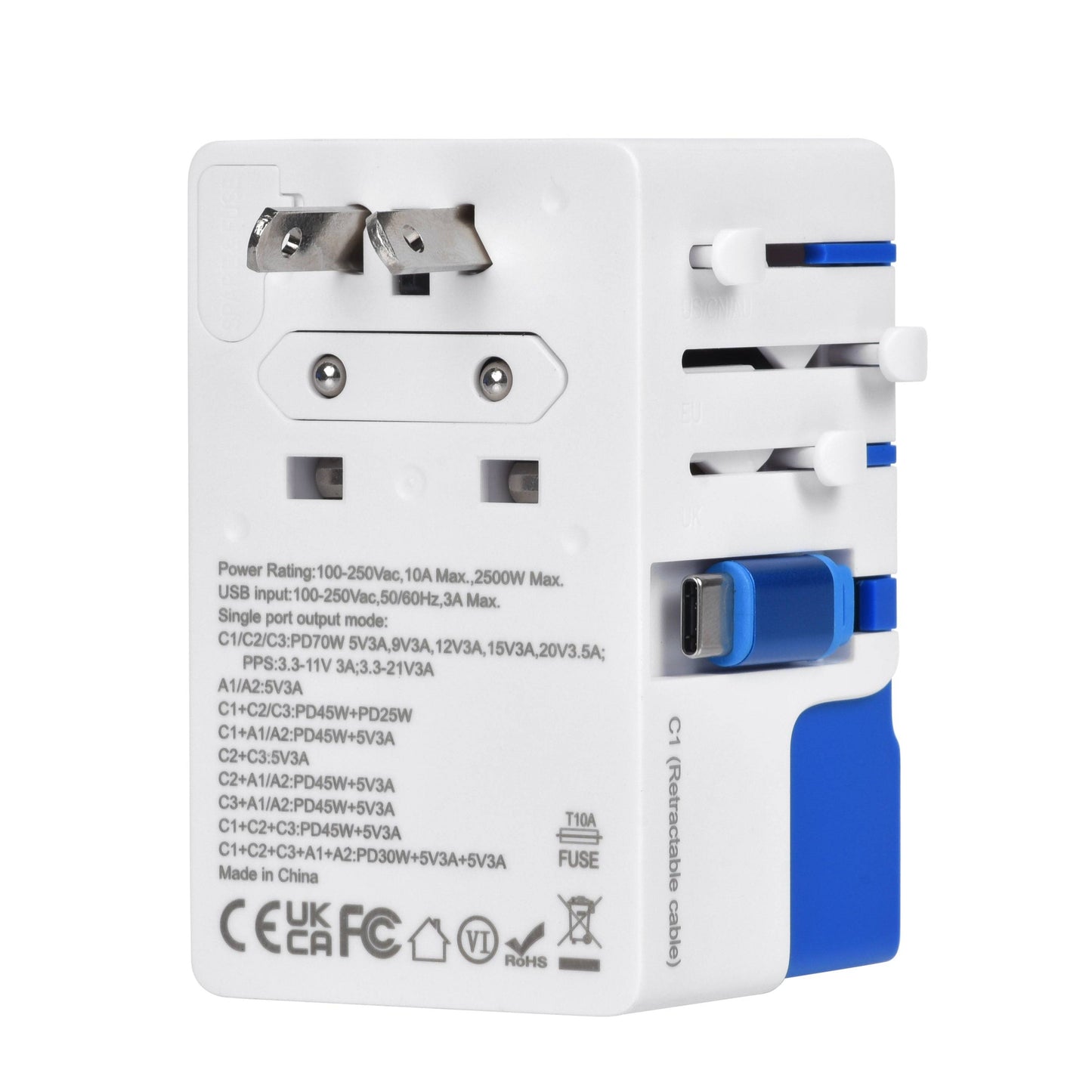DOACE FC-T70C-1 | 3USB-C+2USB-A 70W GaN PD | QC3.0 Travel Adapter with Retractable USB-C Cable