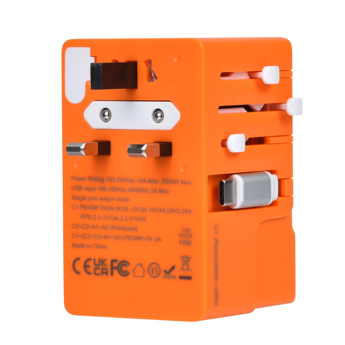 DOACE FC-T45C | 3USB-C+2USB-A 45W GaN PD | QC3.0 Travel Adapter with Retractable Cable