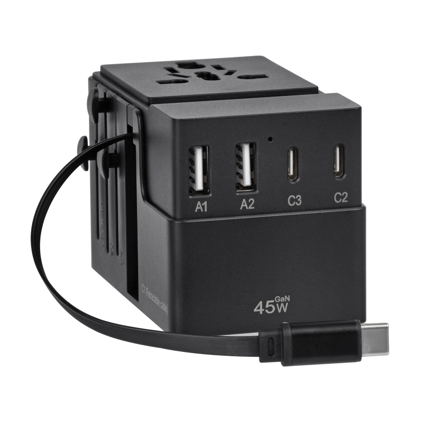 DOACE FC-T45C | 3USB-C+2USB-A 45W GaN PD | QC3.0 Travel Adapter with Retractable Cable