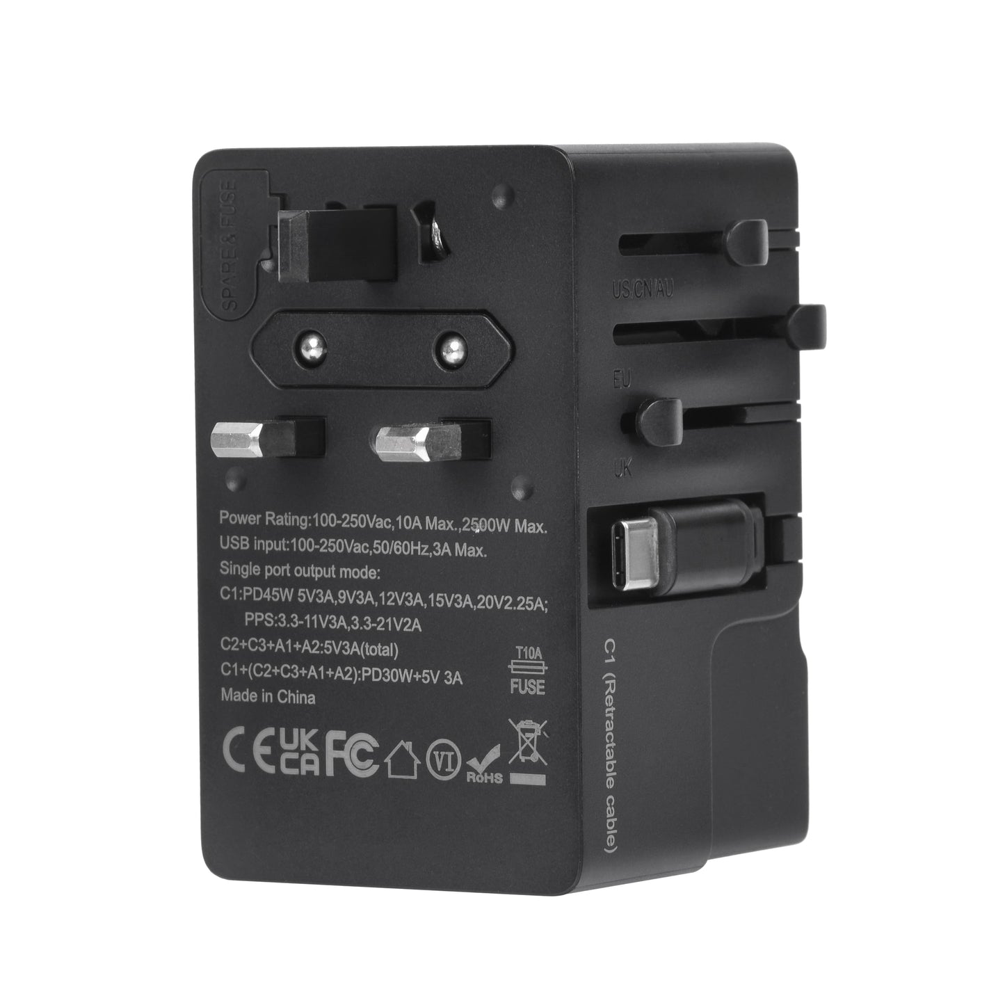 DOACE FC-T45C | 3USB-C+2USB-A 45W GaN PD | QC3.0 Travel Adapter with Retractable Cable