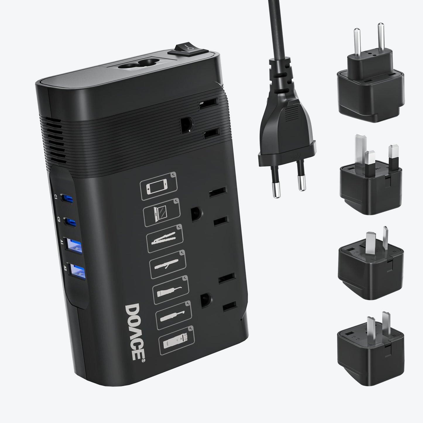 DOACE LC-X30 220V to 110V voltage converter with four international plug adapters and 4 USB ports, ideal for travel in Europe, UK, US, and AU.