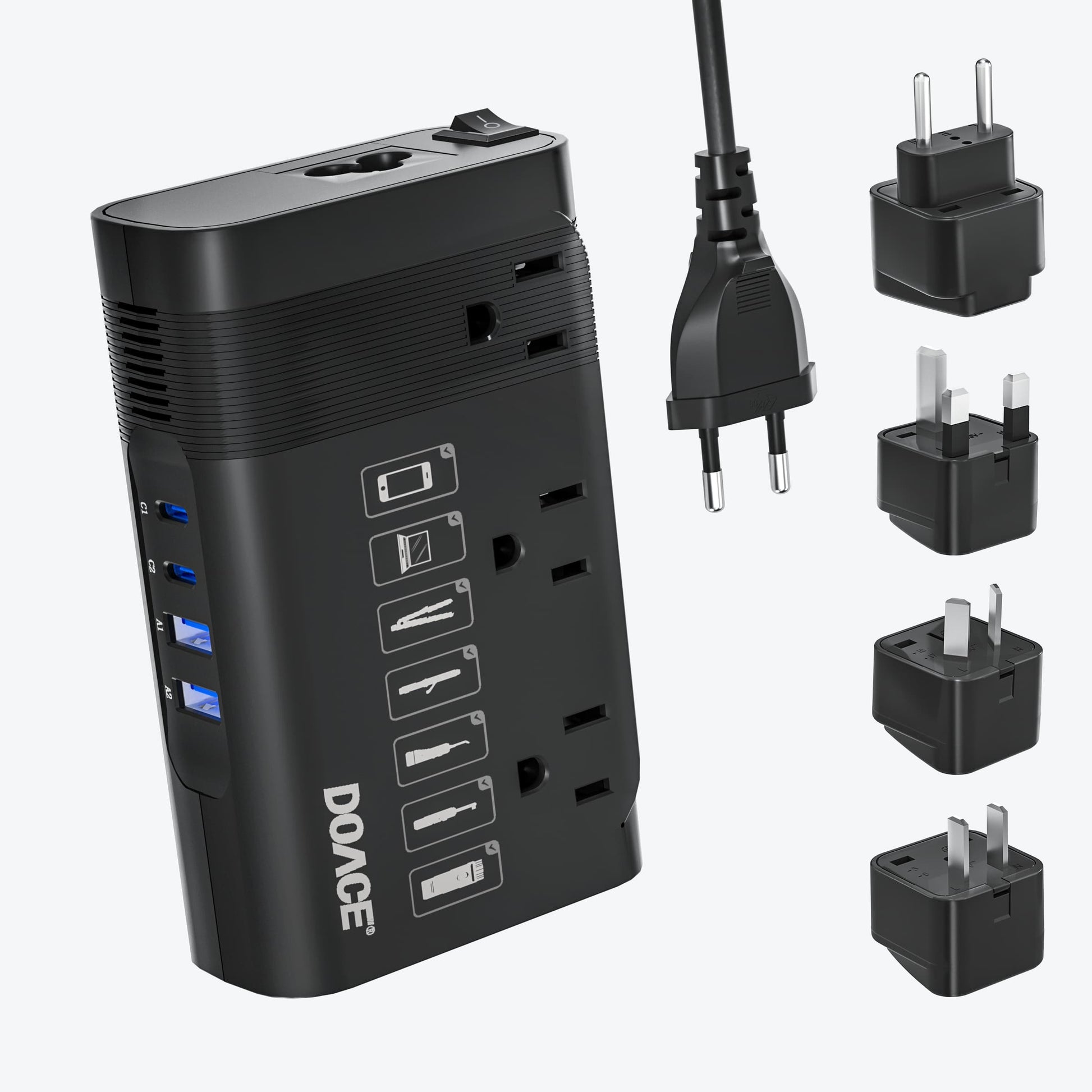 DOACE LC-X30 220V to 110V voltage converter with four international plug adapters and 4 USB ports, ideal for travel in Europe, UK, US, and AU.