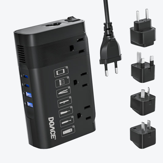 DOACE LC-X30 220V to 110V voltage converter with four international plug adapters and 4 USB ports, ideal for travel in Europe, UK, US, and AU.