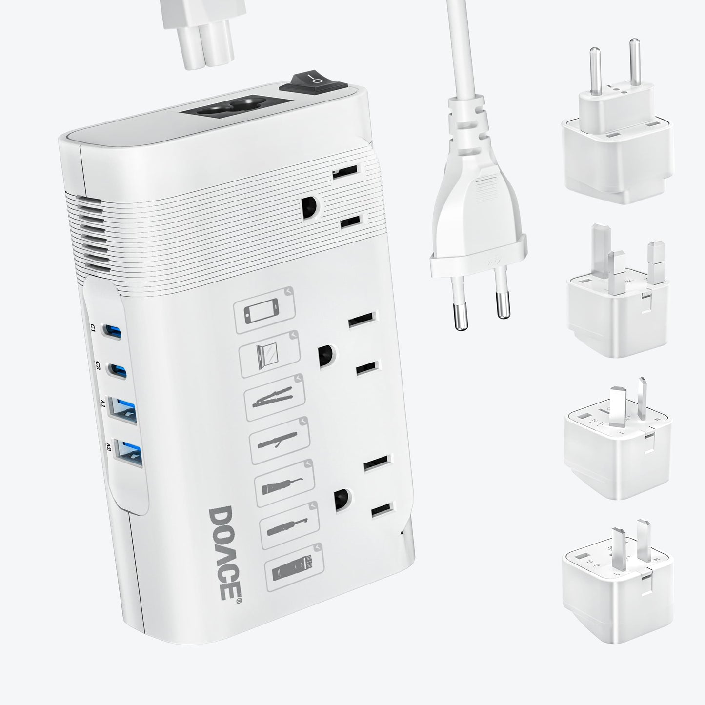 DOACE voltage converter with four plug adapters for travel