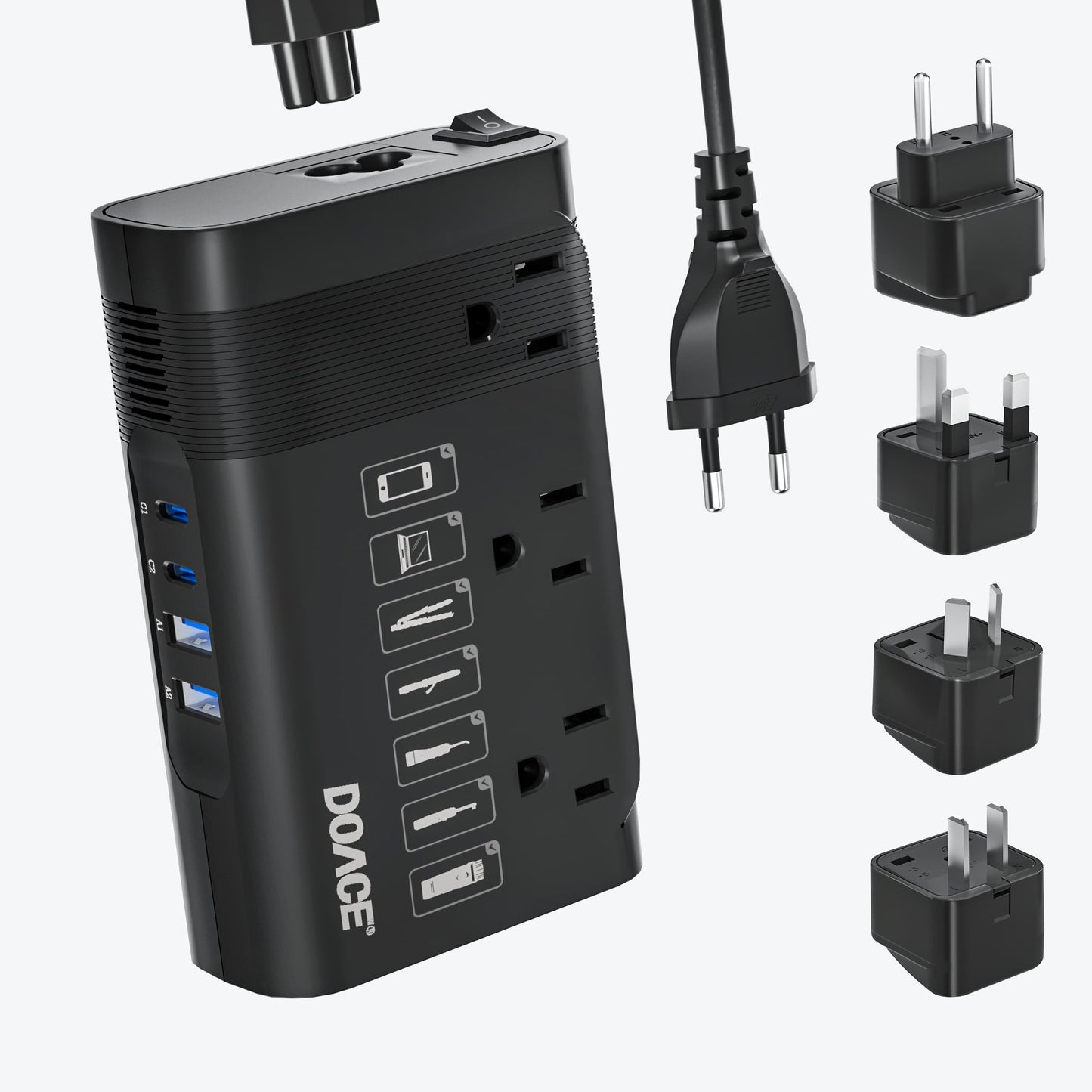 DOACE LC-X30 voltage converter with four plug adapters for travel