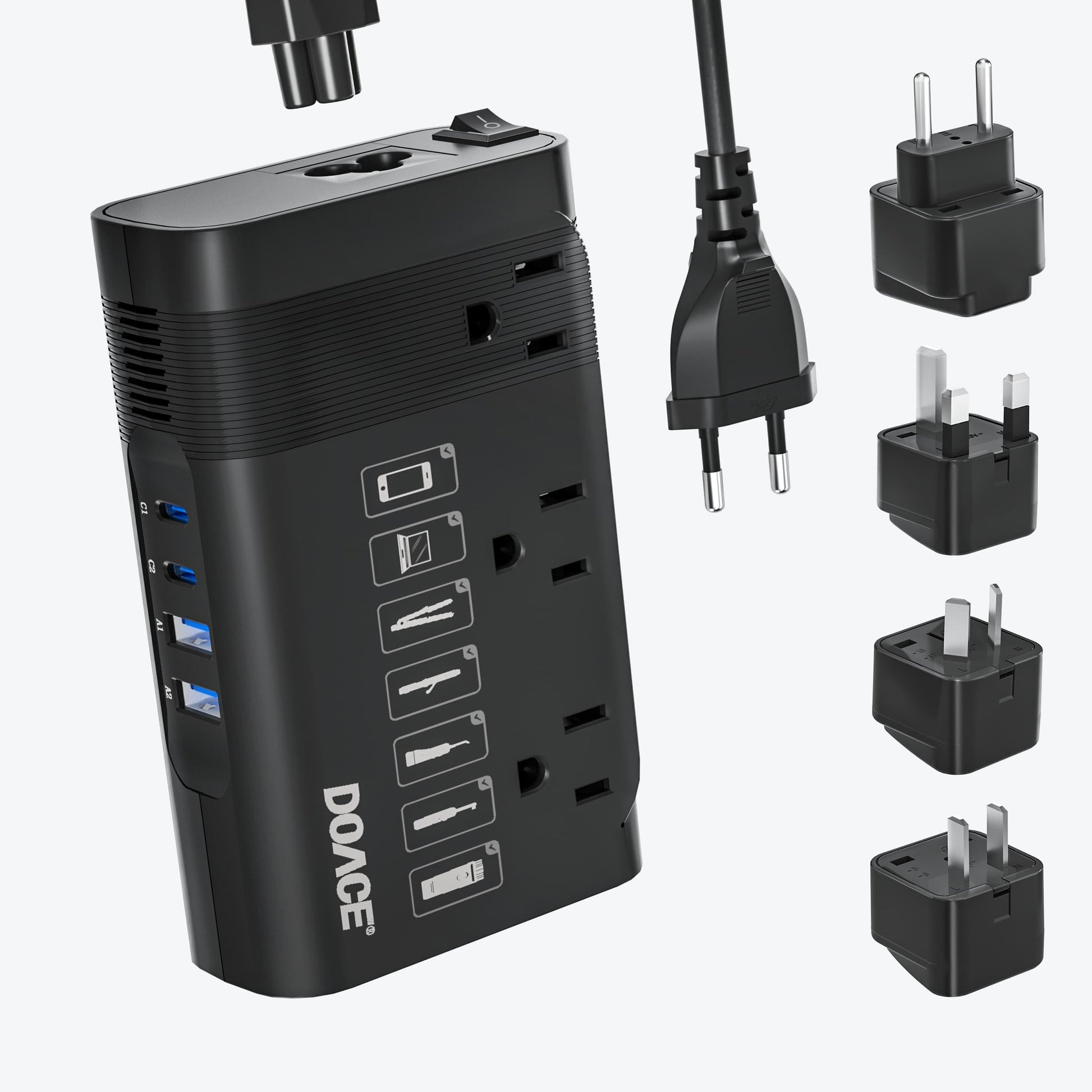 DOACE LC-X30 voltage converter with four plug adapters for travel