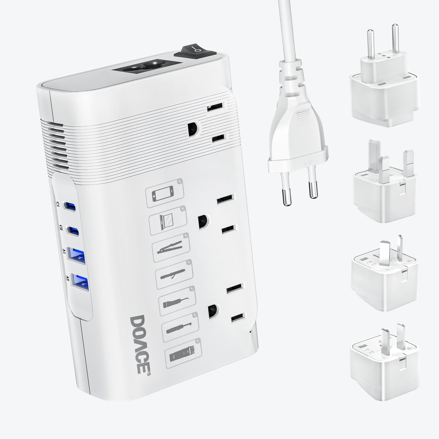 DOACE LC-X30 220V to 110V Voltage Converter with Four Plug Adapters and 4 USB ports, ideal for international travel charging needs.