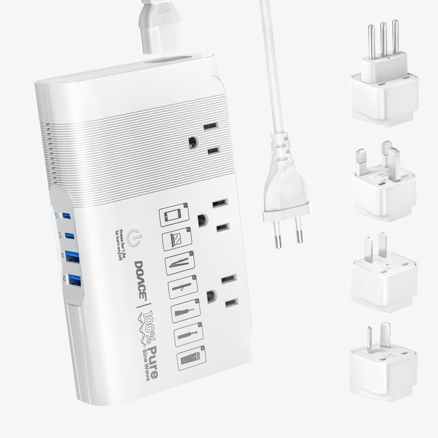 Travel power converter with multiple plug adapters for international travel