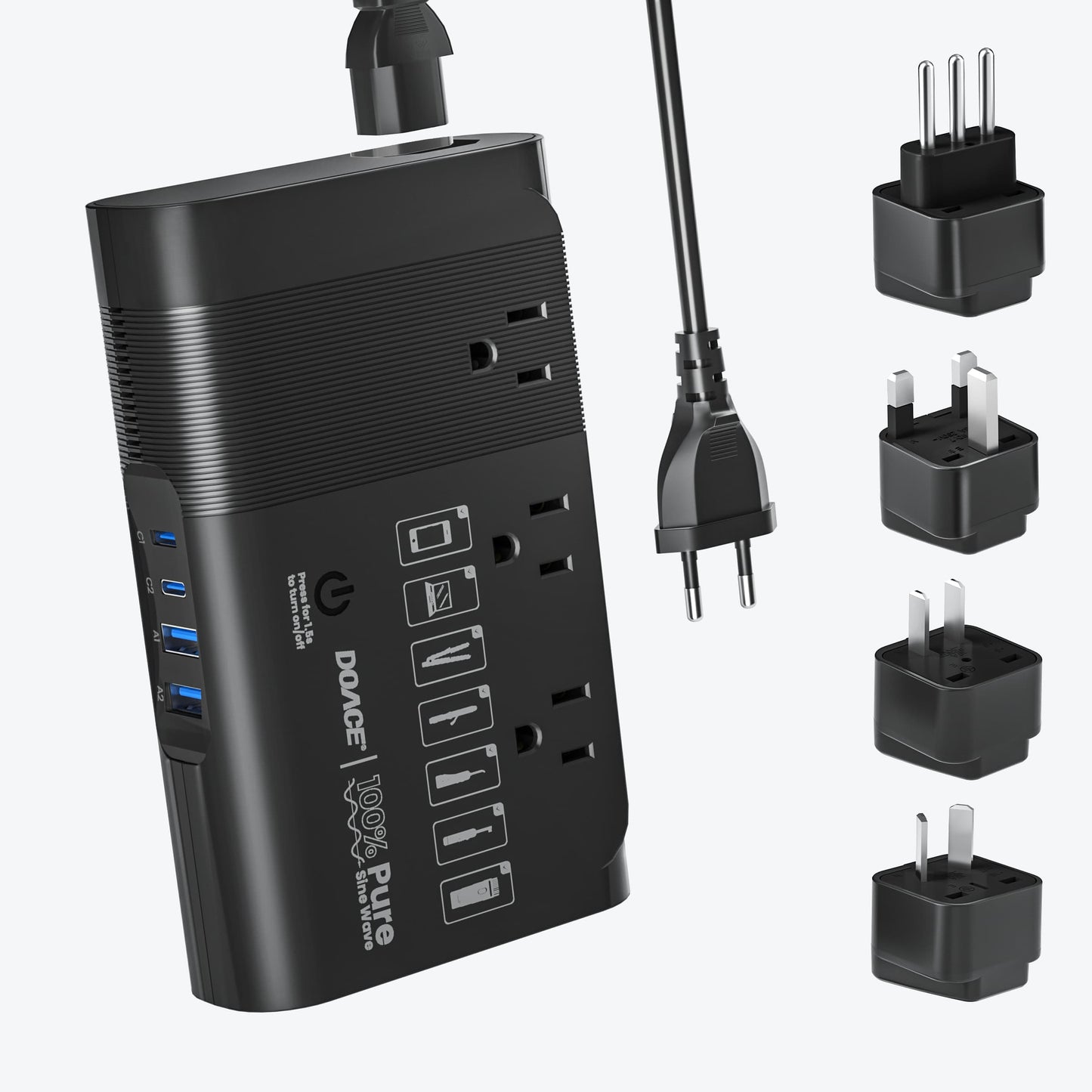 Travel power converter with multiple plug adapters and USB ports