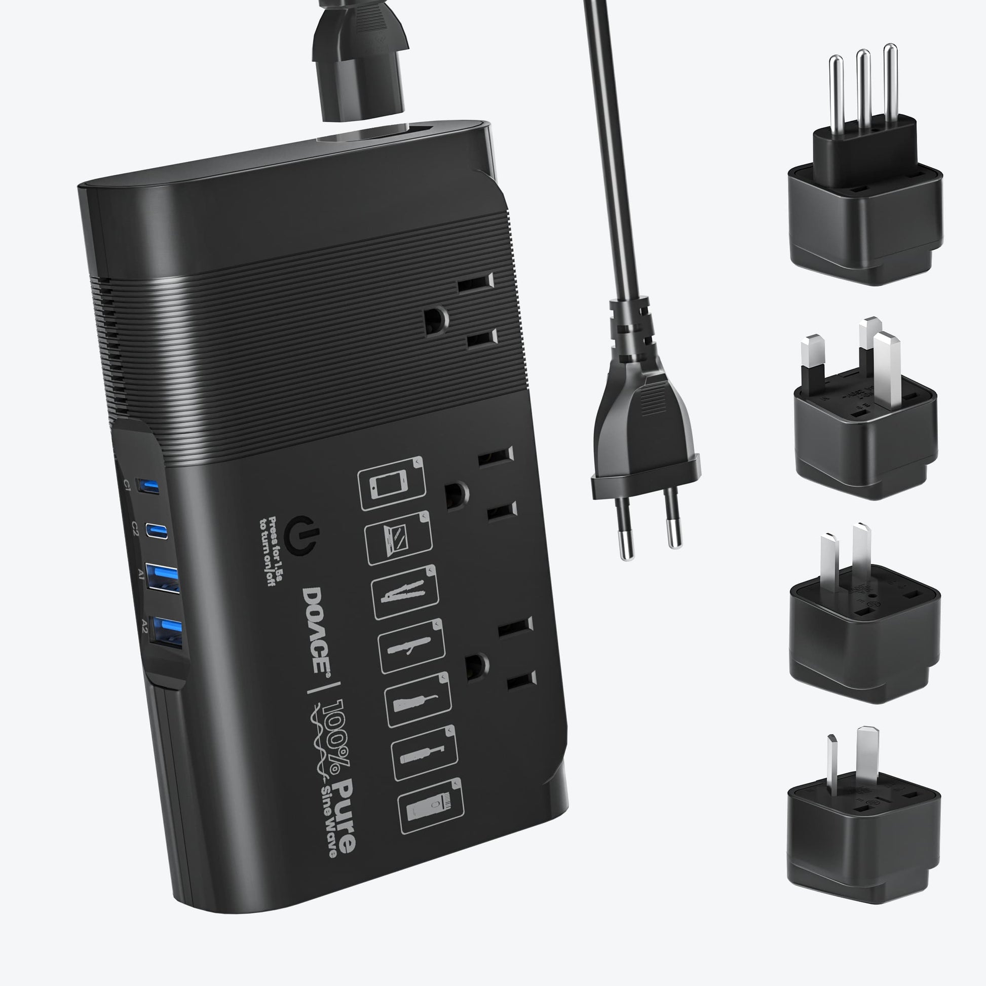 Travel power converter with multiple plug adapters and USB ports
